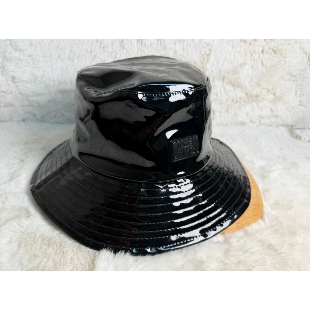 Madden NYC Black Patent Bucket Hat Glossy Faux Leather Logo Plaque One Size
